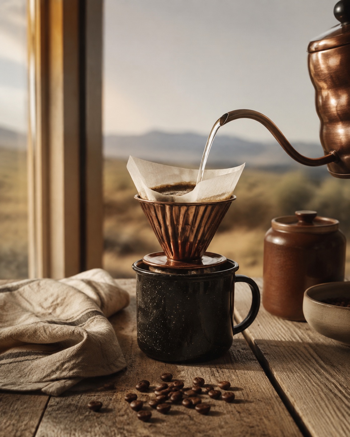 Pour-over coffee brewing into a black enamel mug in warm morning light
