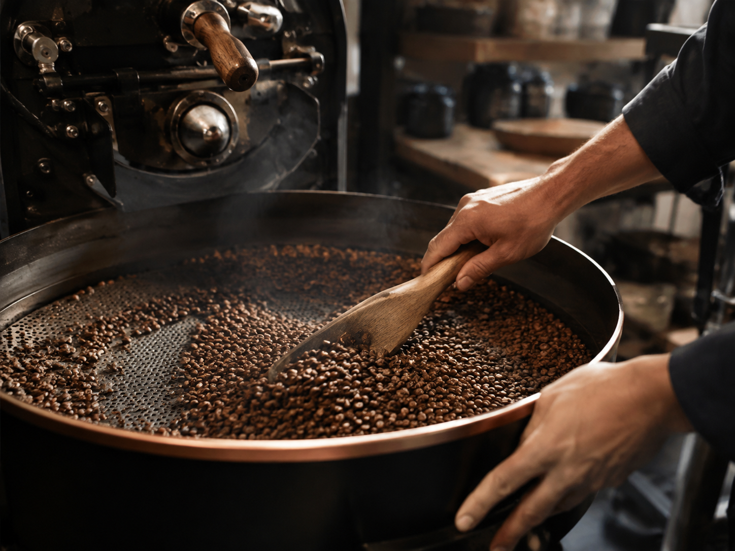 Coffee beans cooling in a small-batch roasting tray